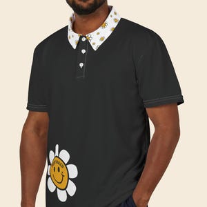 Retro Floral Polo Shirt | Unisex Summer Button-Up for Beach & Vacation Style (Black)