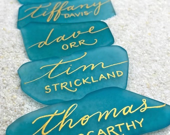 Sea Glass Place Cards, Escort Cards, Beach Wedding Favors, Calligraphy, Tinted flat seaglass