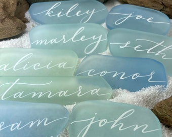 Sea Glass Place Cards, Escort Cards, Beach Wedding Favors, Calligraphy, Tinted flat seaglass