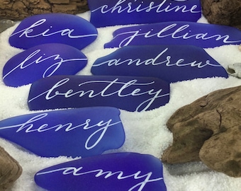 Sea Glass Place Cards, Escort Cards, Beach Wedding Favors, Calligraphy