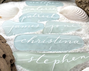 Large Sea Glass Place Cards, Escort Cards, Beach Wedding Favors, Calligraphy