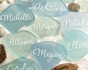 Sea Glass Place Cards, Escort Cards, Beach Wedding Favors, Modern Calligraphy