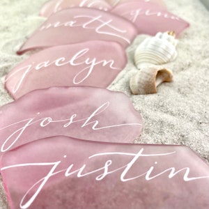Sea Glass Place Cards, Escort Cards, Beach Wedding Favors, Calligraphy, Tinted Bottle Glass