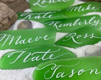 Sea Glass Place Cards, Escort Cards, Beach Wedding Favors, Calligraphy