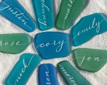 Sea Glass Place Cards, Escort Cards, Beach Wedding Favors, Calligraphy, Tinted flat seaglass