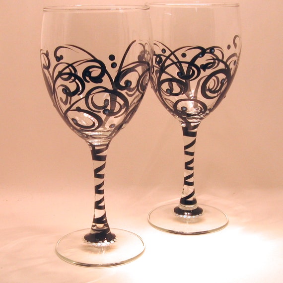 Items similar to Black Swirl Wine Glasses / 2 on Etsy