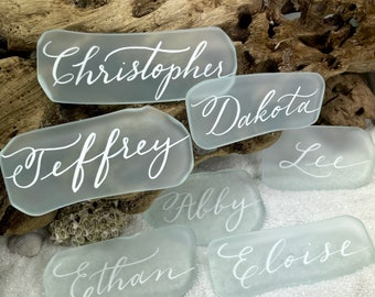 Sea Glass Place Cards, Escort Cards, Beach Wedding Favors, Calligraphy