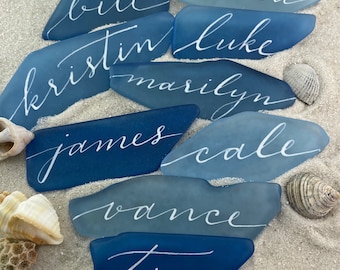 Sea Glass Place Cards, Escort Cards, Beach Wedding Favors, Calligraphy, Tinted flat seaglass