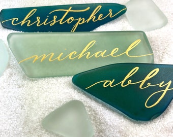 Sea Glass Place Cards, Escort Cards, Beach Wedding Favors, Calligraphy, Tinted flat seaglass