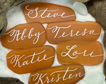 Sea Glass Place Cards, Escort Cards, Beach Wedding Favors, Calligraphy, Tinted flat seaglass