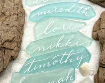 Sea Glass Place Cards, Escort Cards, Beach Wedding Favors, Calligraphy, Tinted flat seaglass