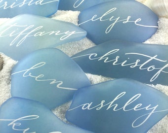 Sea Glass Place Cards, Escort Cards, Beach Wedding Favors, Calligraphy, Tinted Bottle Glass