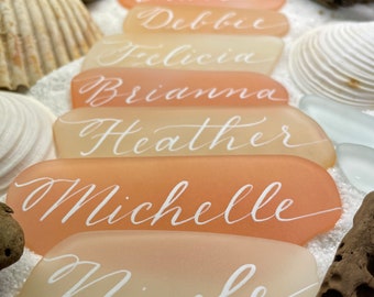 Sea Glass Place Cards, Escort Cards, Beach Wedding Favors, Calligraphy, Tinted Bottle Glass