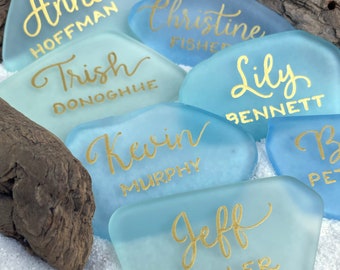 Sea Glass Place Cards, Escort Cards, Beach Wedding Favors, Modern Calligraphy