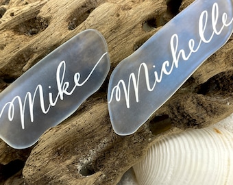 Sea Glass Place Cards, Escort Cards, Beach Wedding Favors, Calligraphy, Tinted Bottle Glass