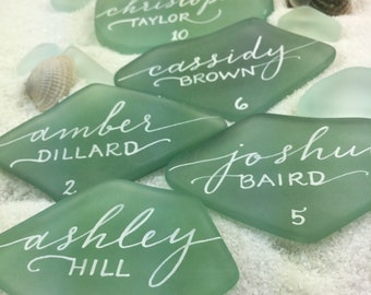 Sea Glass Place Cards, Escort Cards, Beach Wedding Favors, Calligraphy, Tinted flat seaglass