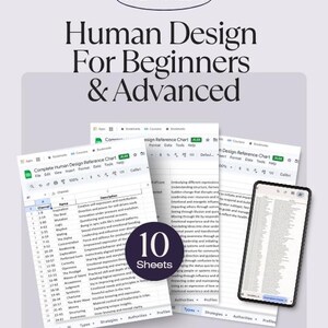 K&ouml;nnte beinhalten: Ein digitaler Leitfaden f&uuml;r Human Design mit dem Text "Human Design For Beginners & Advanced". Das Bild zeigt Tabellenkalkulationen und ein Smartphone, das Informationen anzeigt, mit den Worten "CHEAT SHEETS" oben.