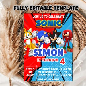 Modello di invito per la festa di compleanno di Sonic modificabile / Modello di invito per la festa di compleanno di Sonic modificabile per il 4° compleanno / Invito per il compleanno di Sonic