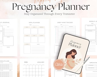 妊娠プランナー、妊娠日記、週間トラッカー、編集可能なCanvaデザイン、デジタルPDFダウンロード