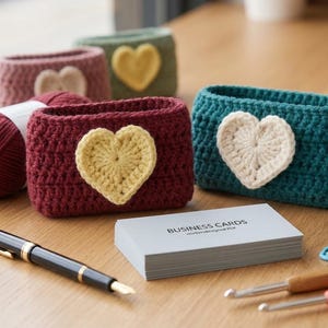 Pode incluir: Cestos retangulares de crochê em bordô, verde-azulado e rosa, cada um adornado com um coração. Uma pilha de cartões de visita, novelos de lã e uma caneta também estão presentes. Os cartões de visita dizem "BUSINESS CARDS".