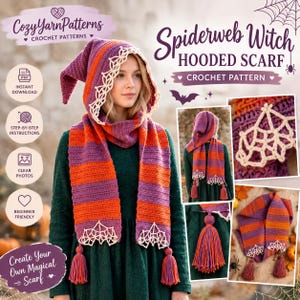 May include: A crochet pattern for a Spiderweb Witch Hooded Scarf featuring orange and purple horizontal stripes, a pointed hood, and cream-colored spiderweb lace trim with matching tassels. The text reads CozyYarnPatterns and Spiderweb Witch Hooded Scarf.