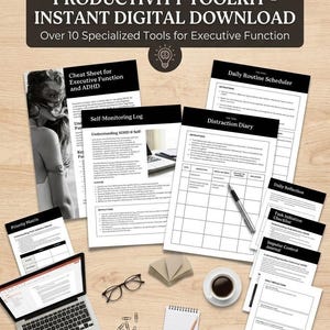 May include: An overhead shot of a workspace featuring a laptop, glasses, a notepad, and several printed worksheets. The worksheets are titled with phrases like "Daily Routine Scheduler" and "Distraction Diary." The text at the top reads "THE ESSENTIAL ADHD PRODUCTIVITY TOOLKIT - INSTANT DIGITAL DOWNLOAD."