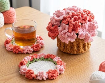 Crochet Flower Coaster Pot Pattern – Carnation Coaster Set PDF, Floral Drink Mat Holder DIY