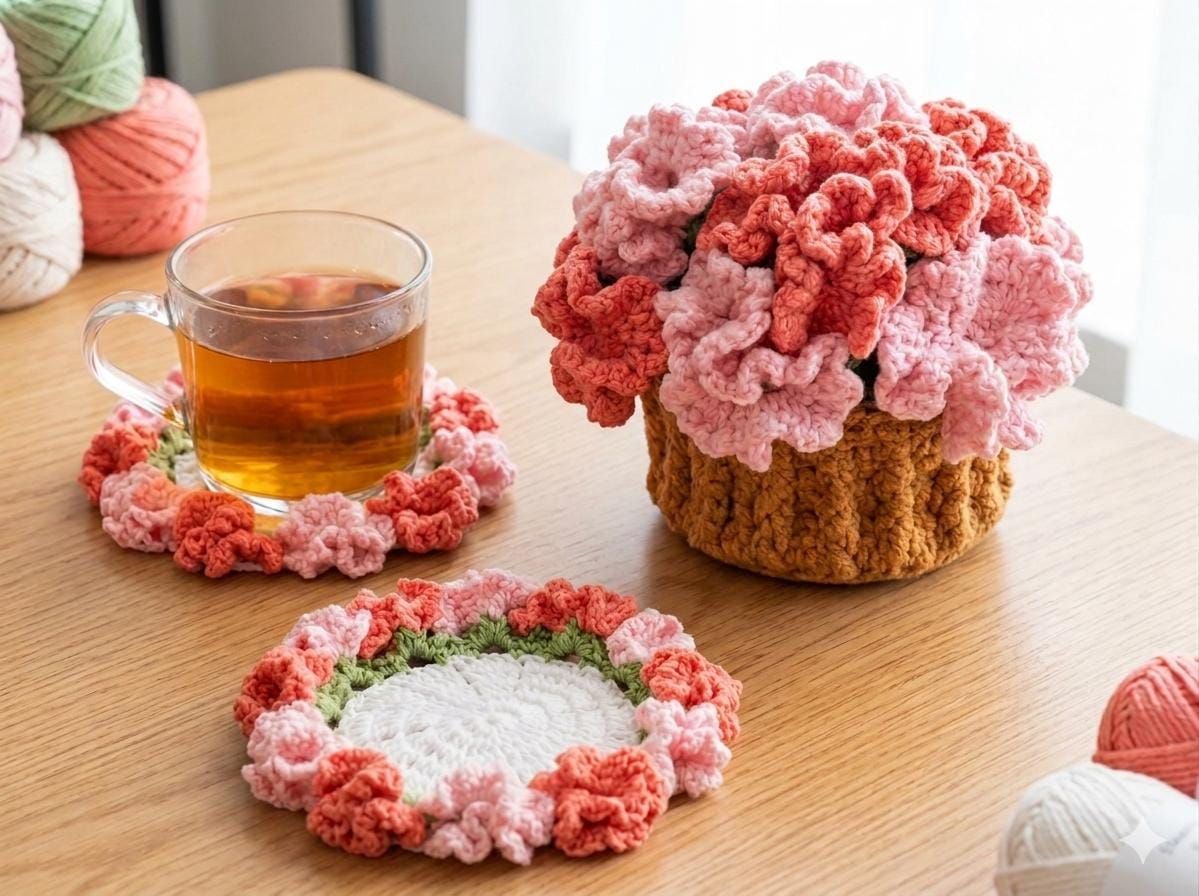 19 Carnation Crochet Patterns for Bouquets, Gifts, and Home Decor 7 Crochet Flower Coaster Pot