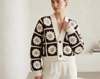Crochet Cardigan Pattern – Granny Square Daisy  Retro Flower Sweater, Women's Jacket