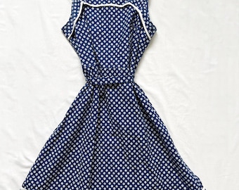 Vestido de verano vintage de los años 70, 100 % algodón, con lunares azules y blancos, talla S