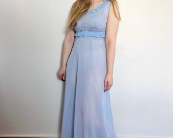 Camisola maxi vintage dos anos 60 azul com detalhes em renda transparente, tamanho XS.