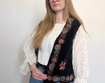 Chaleco vintage de terciopelo negro con bordado de cuentas, años 60, talla M-L