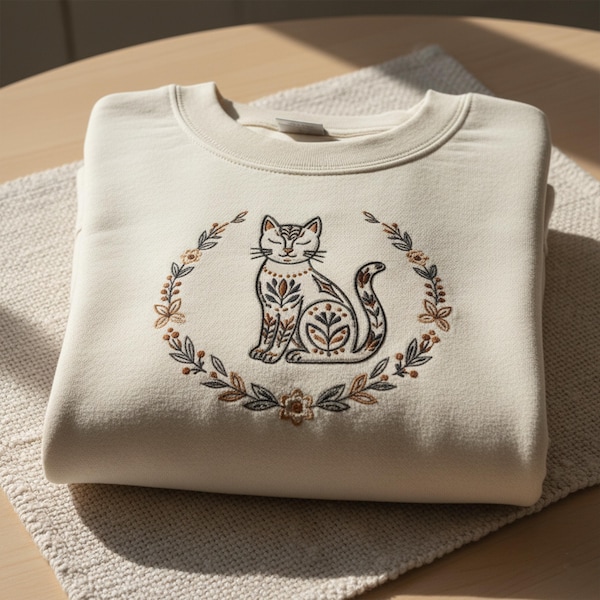 Sudadera bohemia de gato escandinavo con gatito floral bordado y estética animal de arte popular minimalista.
