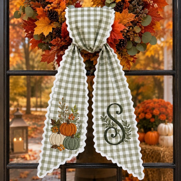 Banda personalizada de calabaza a cuadros con monograma, decoración de corona otoñal