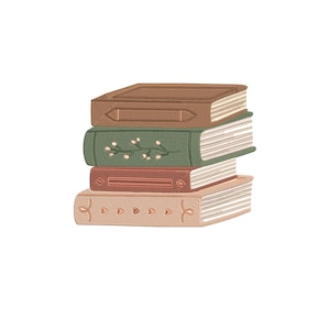 Op de afbeelding: Een stapel van vier boeken met verschillende gekleurde omslagen. Het bovenste boek is bruin, het tweede is groen met een bloemenmotief, het derde is rood en het onderste boek is beige.