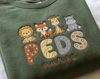 Felpa ricamata per infermiera pediatrica, con simpatici animali della savana, maglietta girocollo per infermiera pediatrica dell'ospedale pediatrico, regalo per infermiera pediatrica.