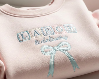 Labor and Delivery Nurse Embroidered Sweatshirt, Pastel L&D Blocks with Bow Design, Maternity Nurse Gift