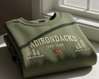 Adirondacks New York Embroidered Sweatshirt with Bear & Pine Trees – Vintage Outdoor Mountain Sweater, Hiking Nature Lover Gift
