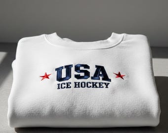Embroidered USA Ice Hockey Sweatshirt, Red Star American Hockey Design, Cozy Winter Crewneck