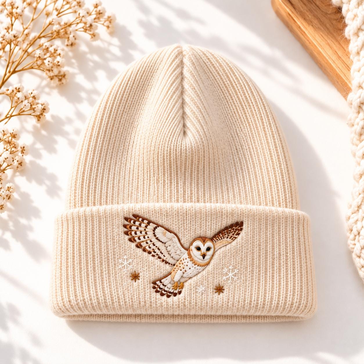 Flying Barn Owl Embroidered Beanie, Woodland Bird Knit Hat, Snowflake Embroidery Winter Cuffed Beani