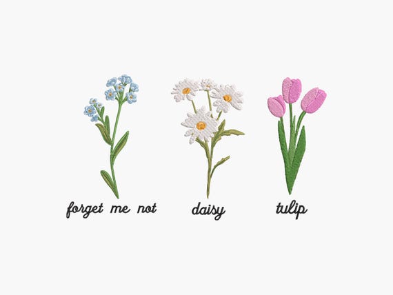 Floral Embroidery Design: Forget Me Not, Daisy, Tulip (Digital Download)
