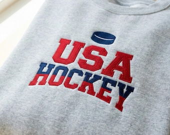 Embroidered USA Ice Hockey Sweatshirt, Red Star American Hockey Design, Cozy Winter Crewneck