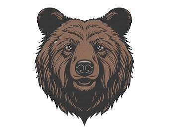 Puede incluir: Ilustración detallada de la cabeza de un oso, con pelaje marrón con sombras más oscuras en los bordes y orejas negras. El oso tiene una nariz y ojos detallados, sobre un fondo blanco.