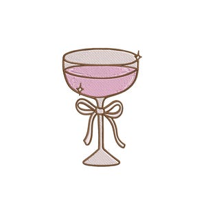 May include: A pink glass of wine with a white ribbon tied around the stem. The glass is decorated with a sparkling effect.