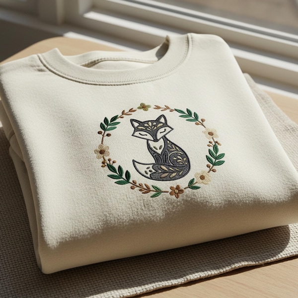 Sudadera bordada con zorro de arte folclórico escandinavo – Animal del bosque nórdico, estética rústica floral, cómoda sudadera, regalo para ella