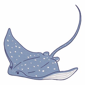 May include: A cartoon-style illustration of a blue stingray with white spots. The ray features a long, curved tail and a white underside. This design is suitable for various aquatic-themed items.