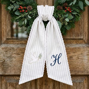 Peace Dove Wreath Sash Embroidered, Wedding Door Decor, Monogram Initial Sash, Bridal Front Door Bow, Personalized Unity Wedding Decor