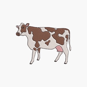 May include: A brown and white cow with brown spots. The cow is standing on a white background.