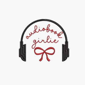 May include: Black headphones with a red bow and the text "audiobook girlie" in red.