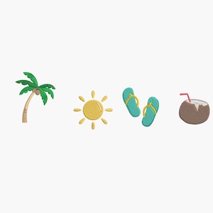 May include: A set of four summer-themed icons: a green palm tree, a yellow sun, a pair of teal flip-flops, and a brown coconut with a pink straw.